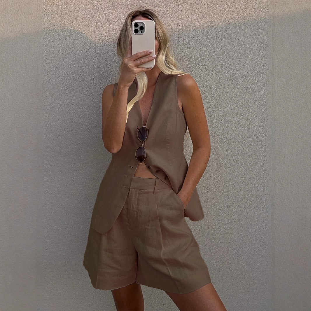 Ensemble Deux Pièces "Lincoln"  Femme – Lin Naturel : Veston Tailleur & Bermuda / 4 couleurs