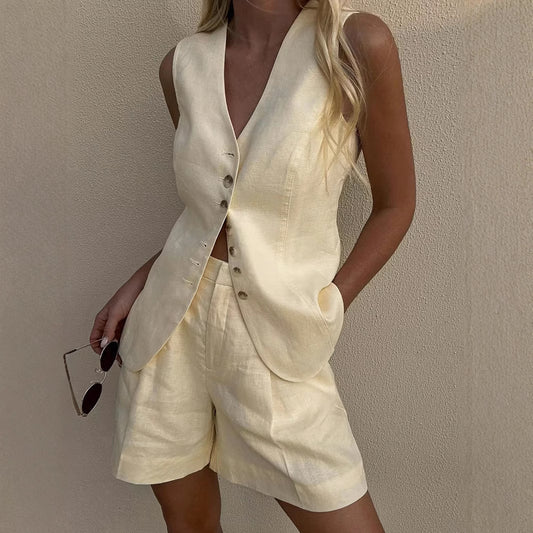Ensemble Deux Pièces "Lincoln"  Femme – Lin Naturel : Veston Tailleur & Bermuda / 4 couleurs