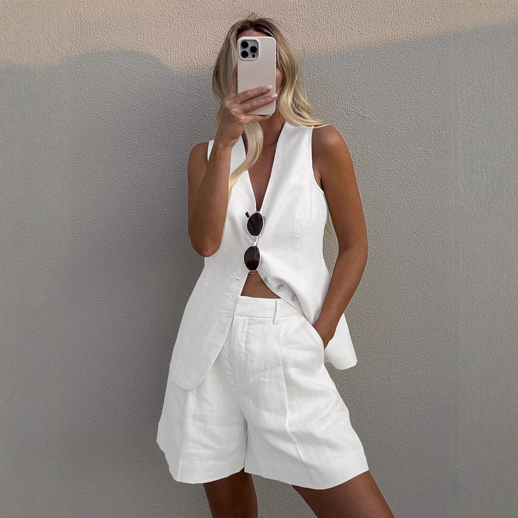 Ensemble Deux Pièces "Lincoln"  Femme – Lin Naturel : Veston Tailleur & Bermuda / 4 couleurs